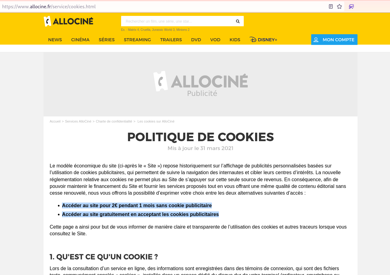 [Screenshot of allocine cookie policy]